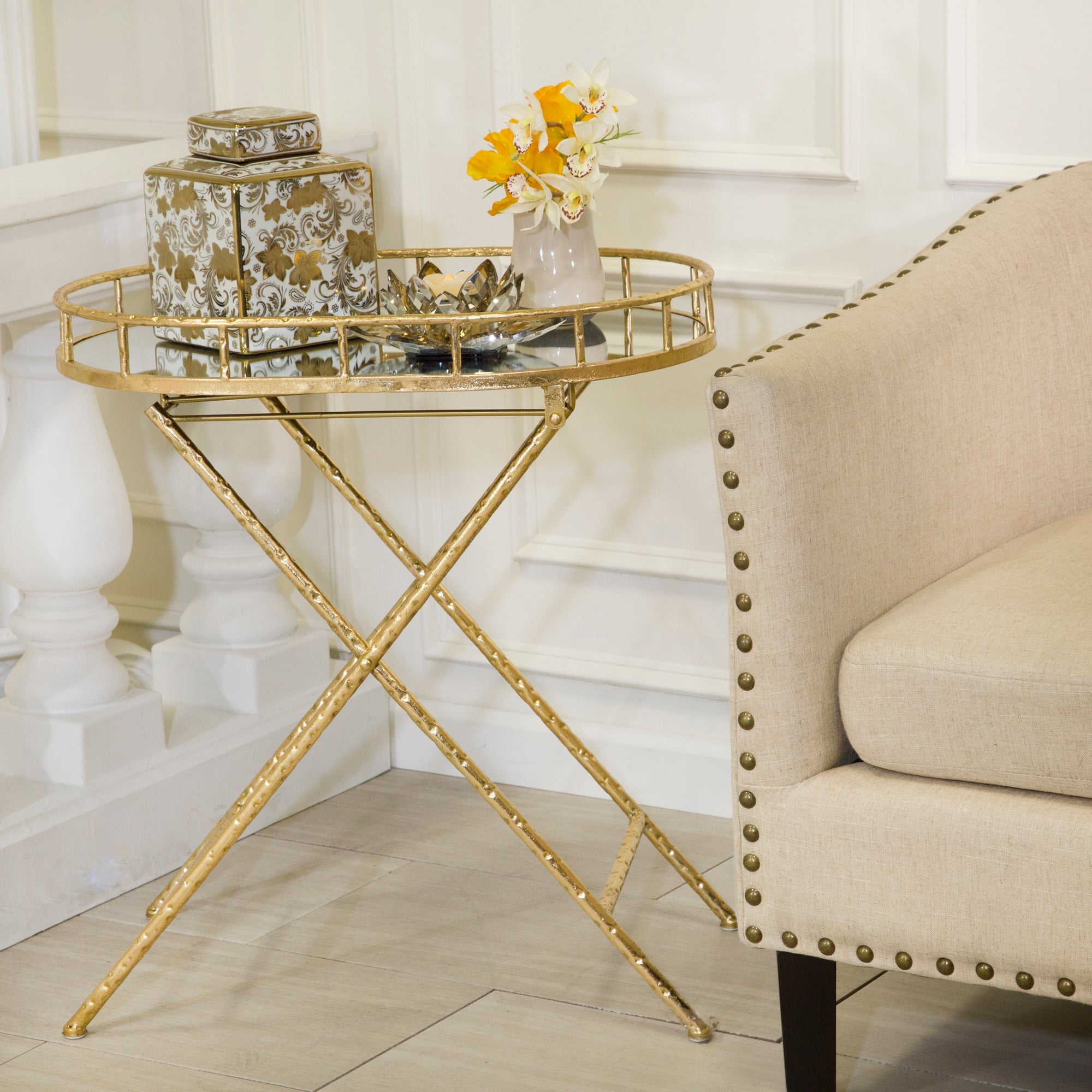 Sabebrook Home Oval Gold Metal Accent Table, Mirror Top - The Bar Design